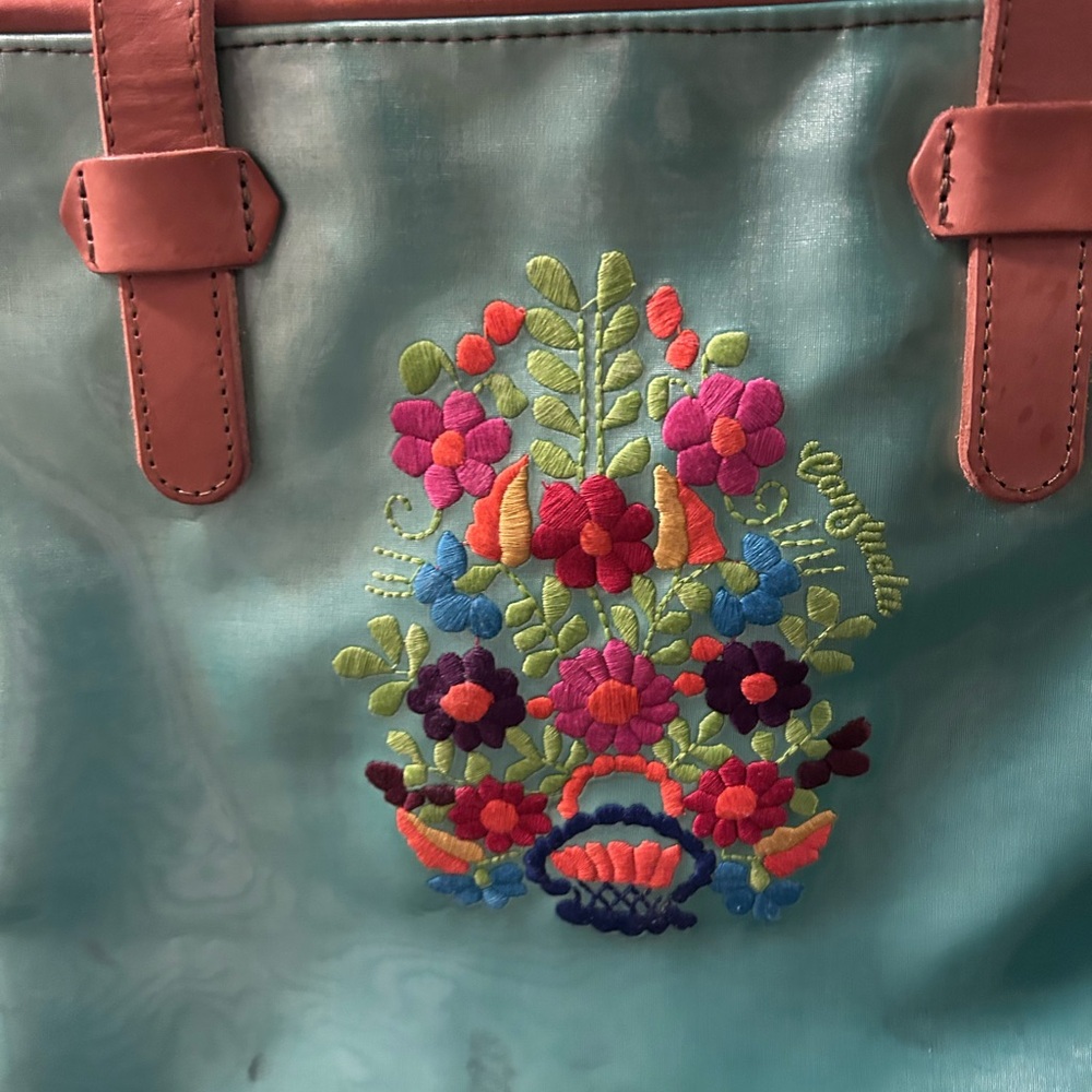Consuela Teal Tote with Floral Embroidery - Picture 2 of 9